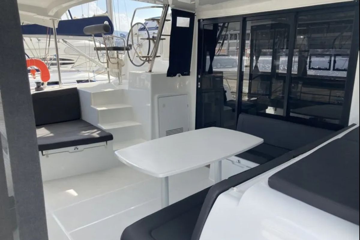 Deck of AF-LAG42VOL, a Lagoon 42 catamaran at Volos Municipality, Greece