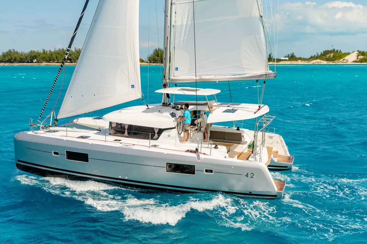 Exterior view of AF-LAG42VOL, a Lagoon 42 catamaran at Volos Municipality, Greece