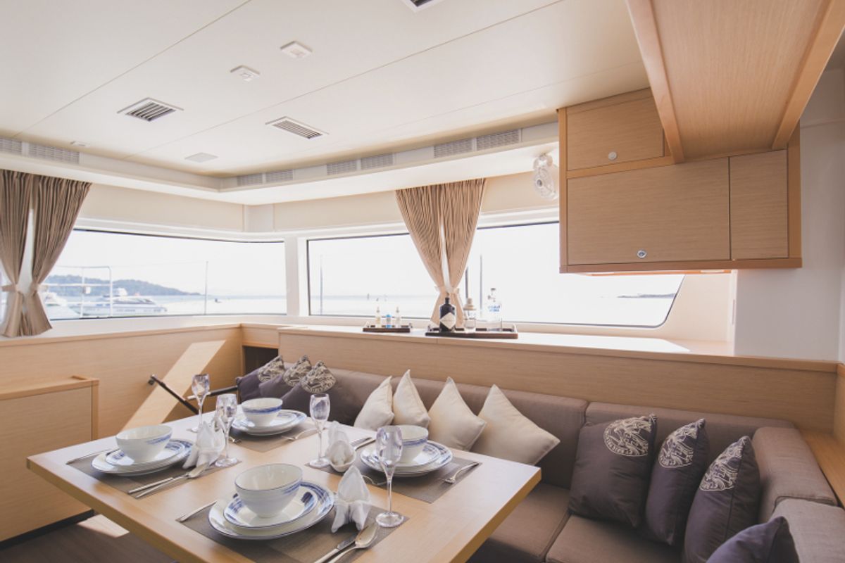 Salon of Blue Moon, a Lagoon 52F catamaran at Pa Khlok, Thailand
