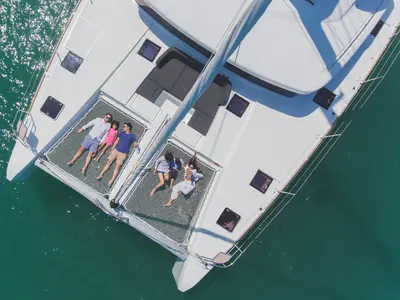 Deck of Blue Moon, a Lagoon 52F catamaran at Pa Khlok, Thailand