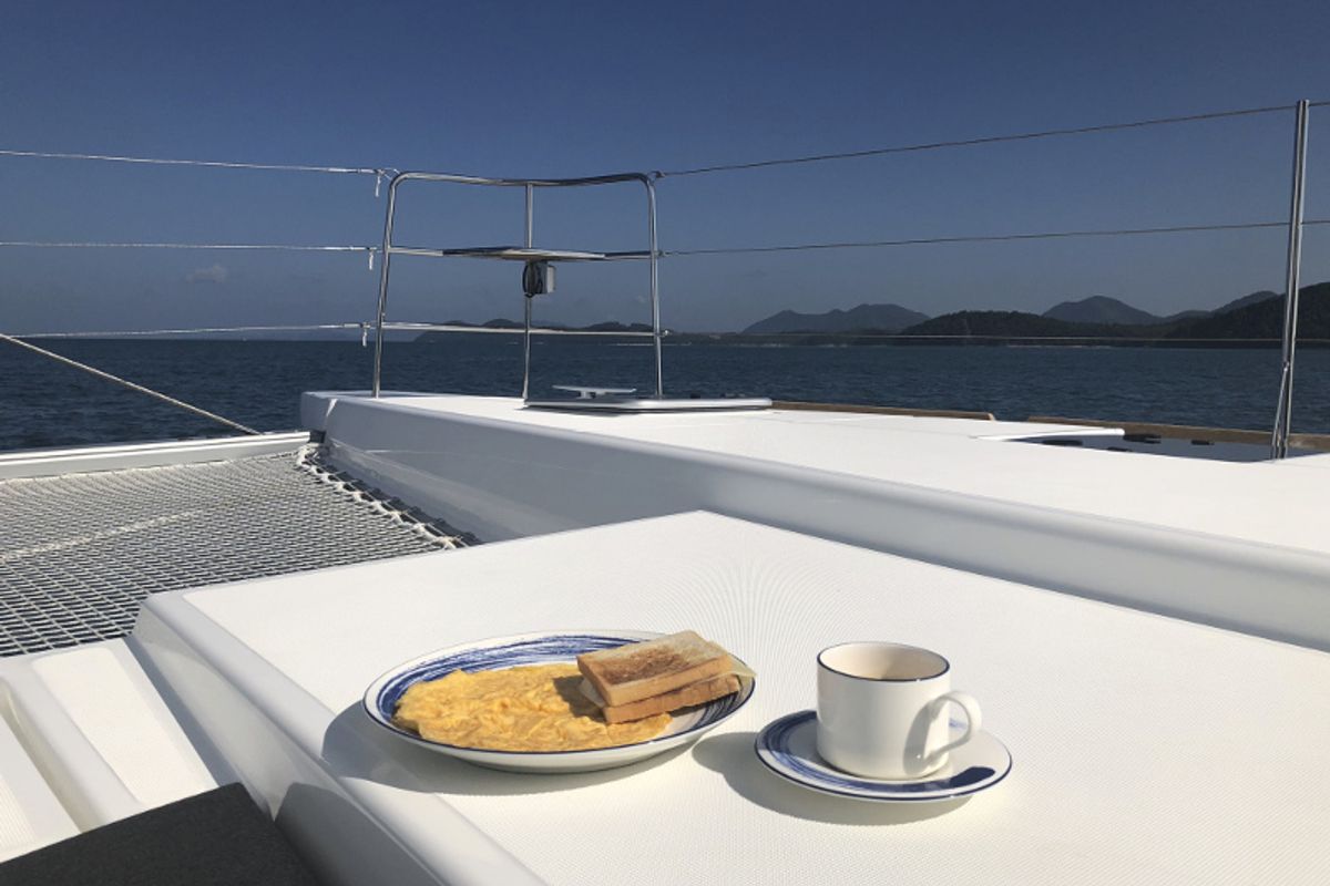 Deck of Blue Moon, a Lagoon 52F catamaran at Pa Khlok, Thailand