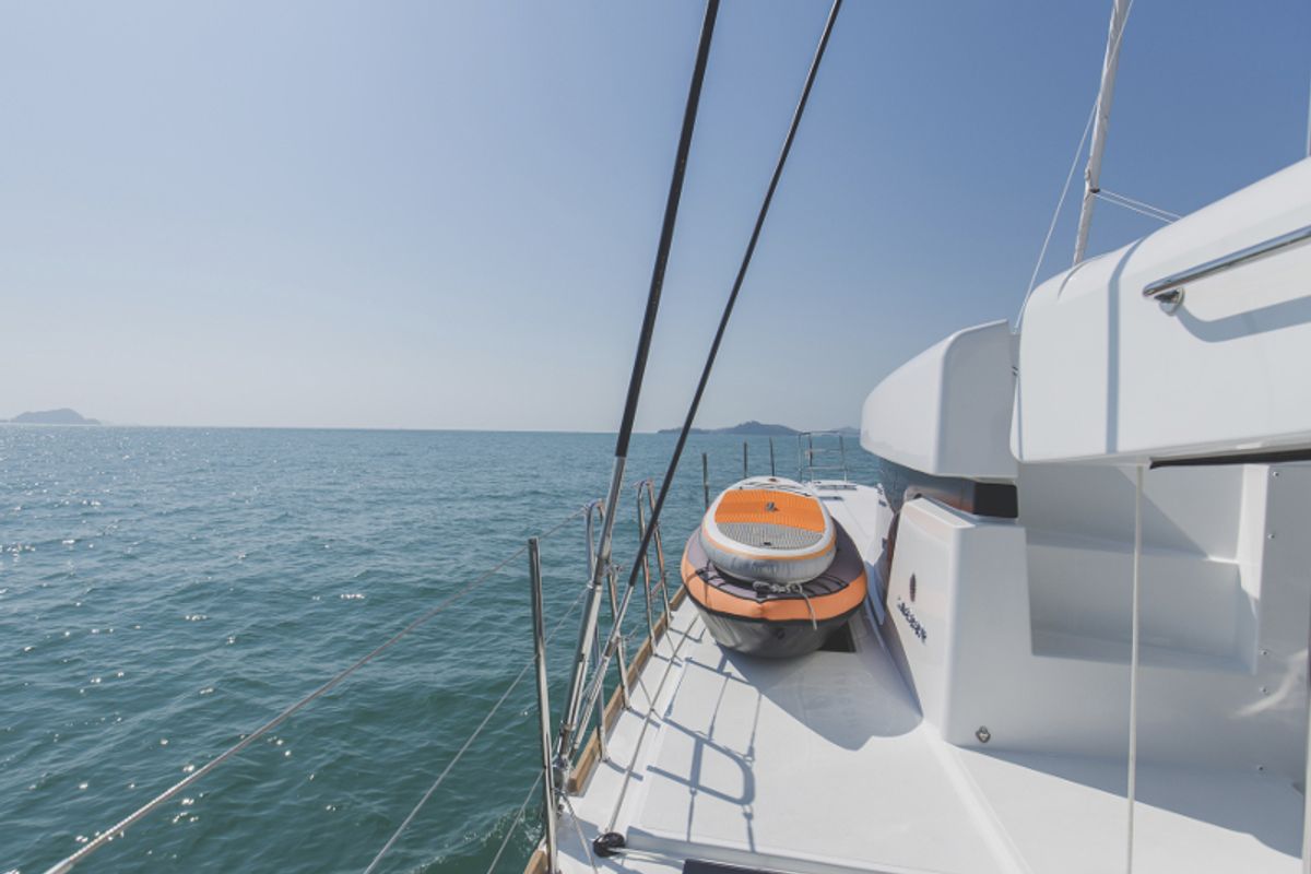 Deck of Blue Moon, a Lagoon 52F catamaran at Pa Khlok, Thailand