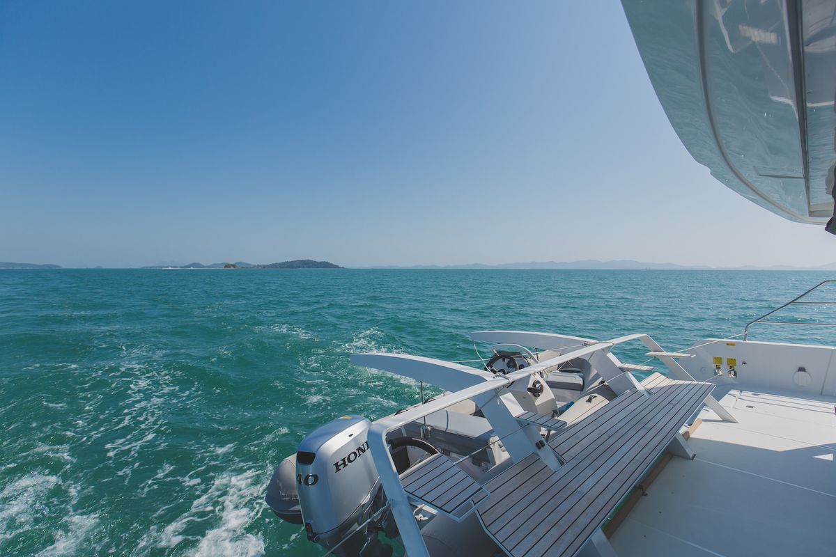 Deck of Blue Moon, a Lagoon 52F catamaran at Pa Khlok, Thailand