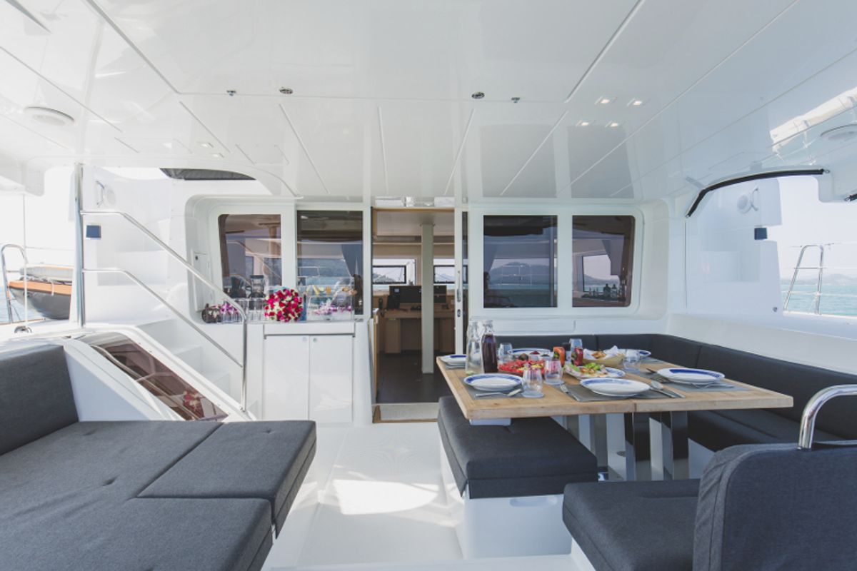 Deck of Blue Moon, a Lagoon 52F catamaran at Pa Khlok, Thailand