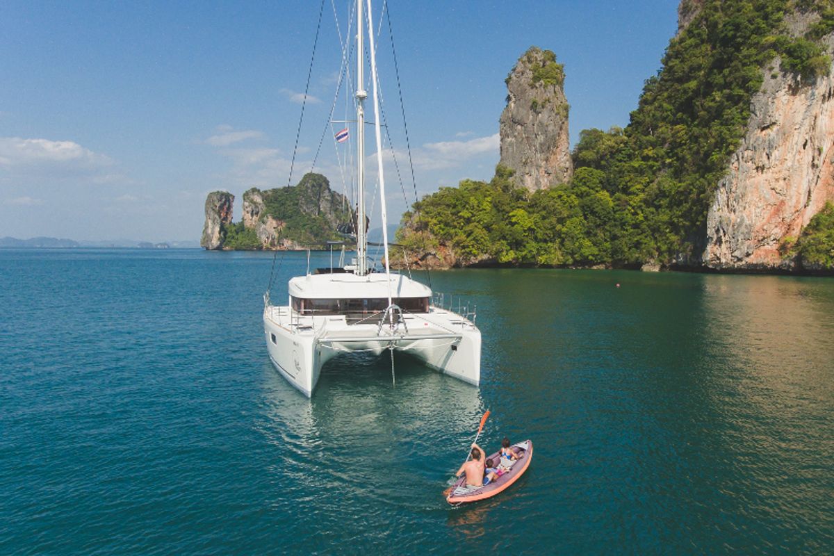 Exterior view of Blue Moon, a Lagoon 52F catamaran at Pa Khlok, Thailand