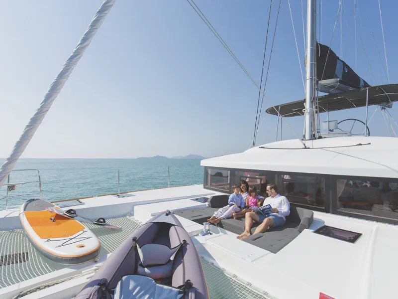 Deck of Blue Moon, a Lagoon 52F catamaran at Pa Khlok, Thailand