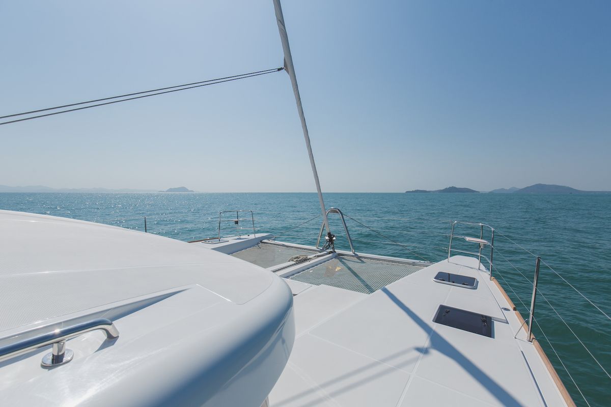 Deck of Blue Moon, a Lagoon 52F catamaran at Pa Khlok, Thailand
