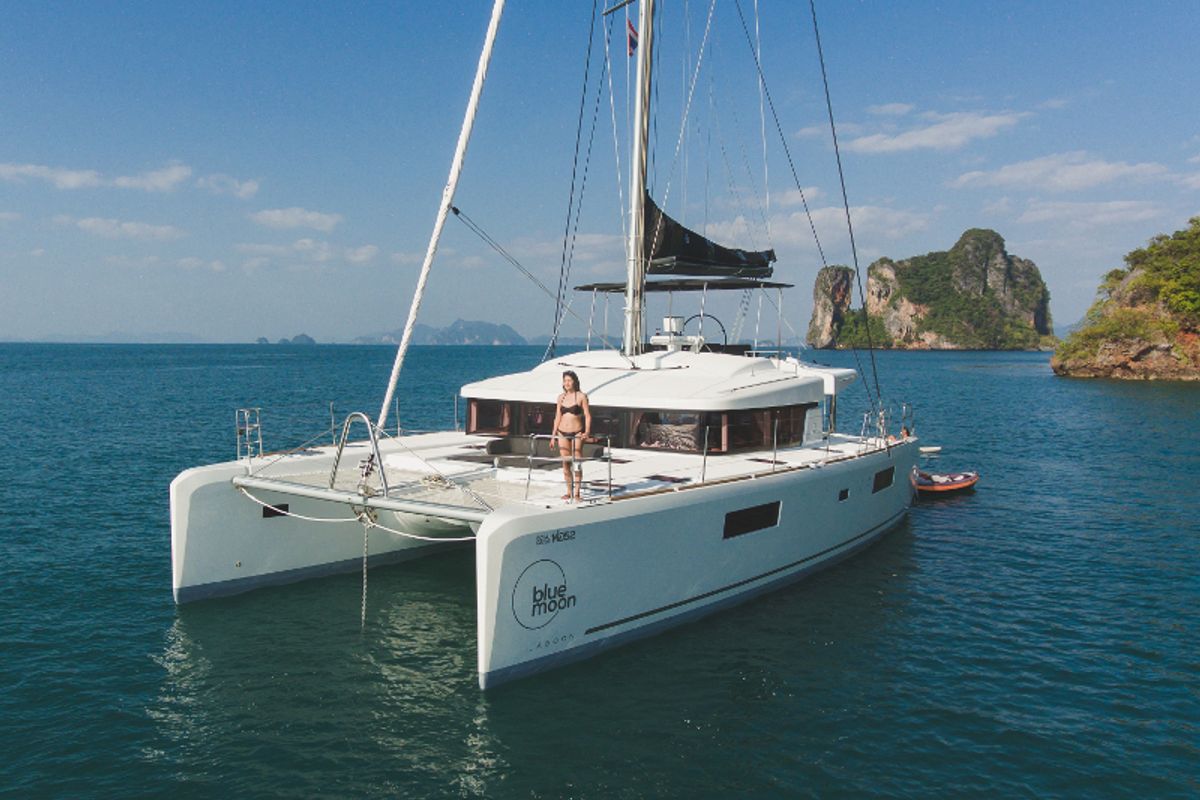 Exterior view of Blue Moon, a Lagoon 52F catamaran at Pa Khlok, Thailand