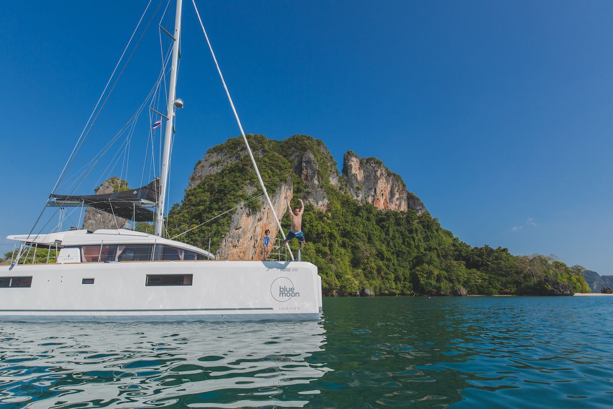 Exterior view of Blue Moon, a Lagoon 52F catamaran at Pa Khlok, Thailand