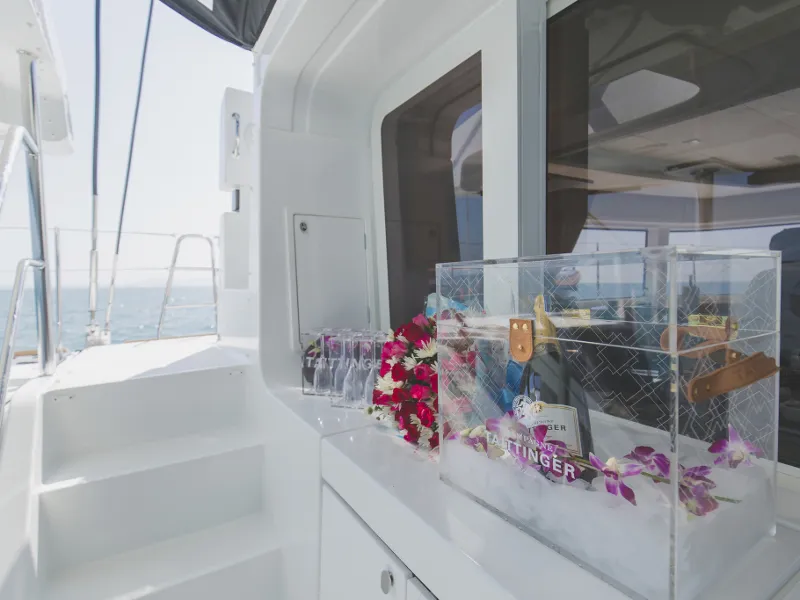 Deck of Blue Moon, a Lagoon 52F catamaran at Pa Khlok, Thailand