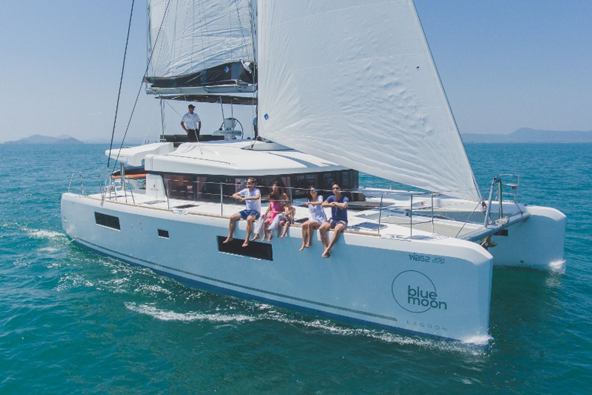 Exterior view of Blue Moon, a Lagoon 52F catamaran at Pa Khlok, Thailand