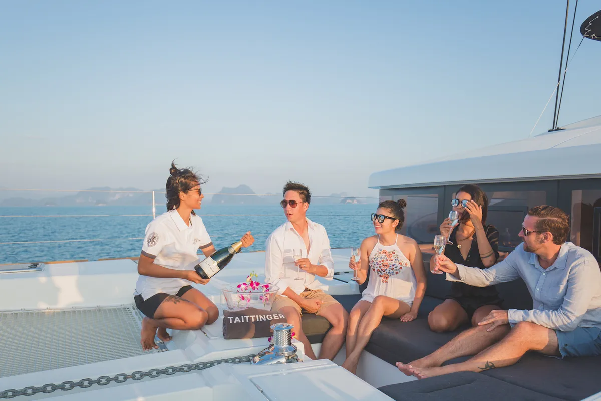 Deck of Blue Moon, a Lagoon 52F catamaran at Pa Khlok, Thailand