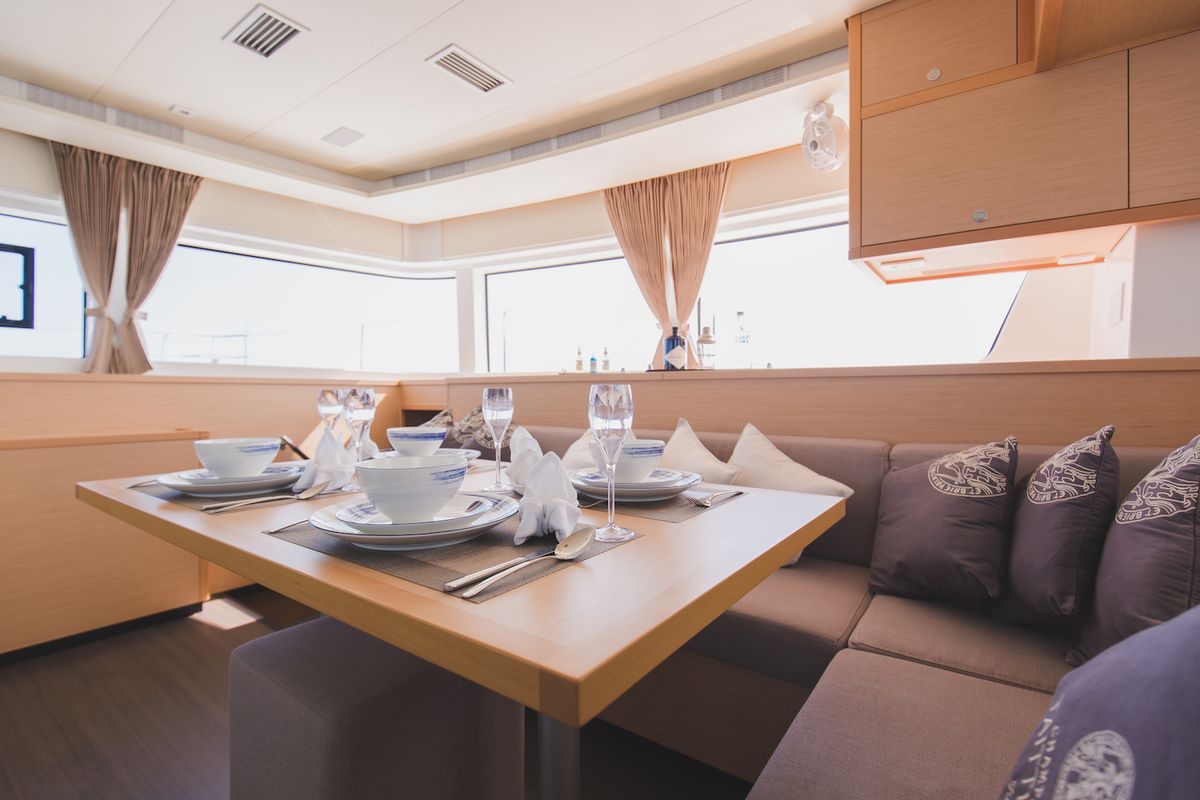 Salon of Blue Moon, a Lagoon 52F catamaran at Pa Khlok, Thailand