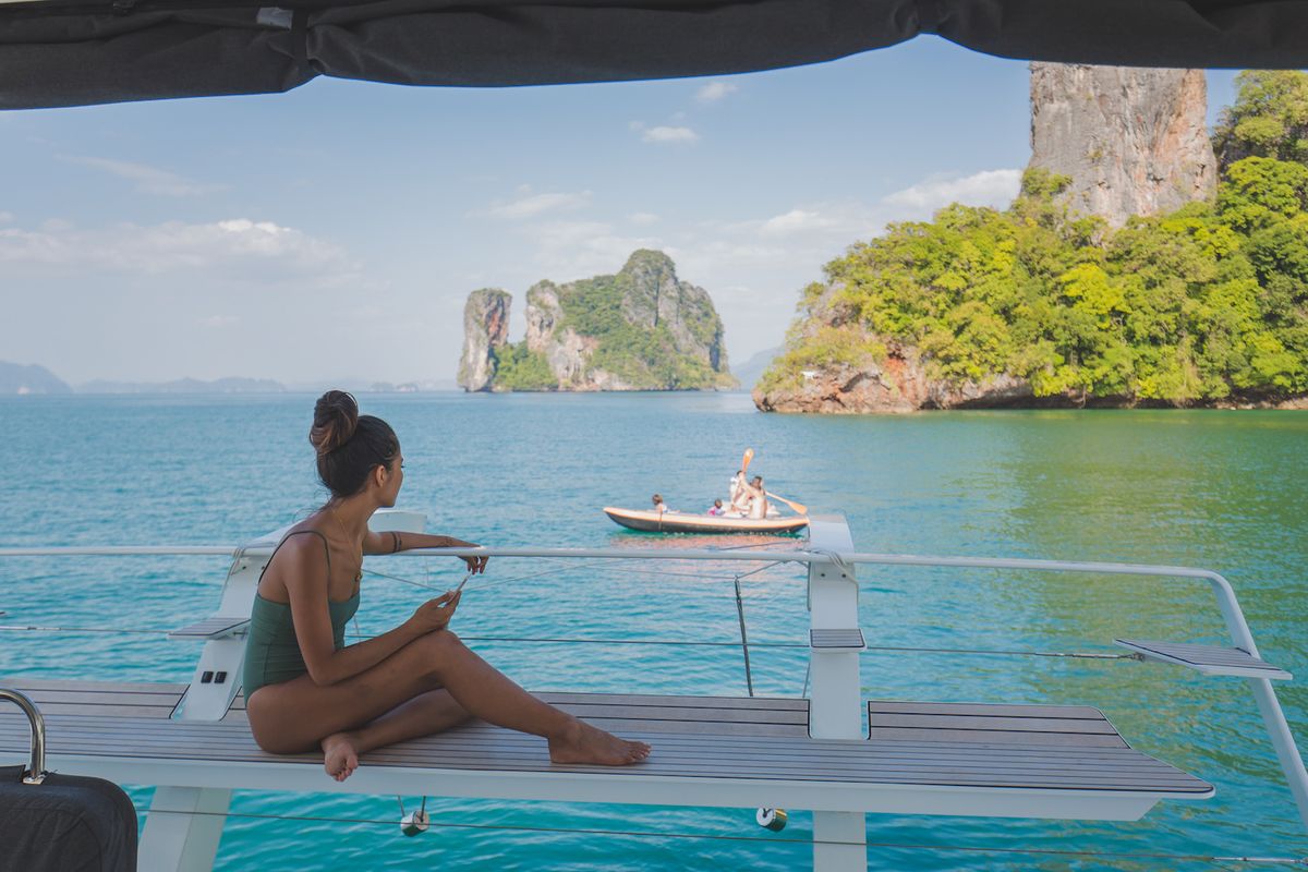 Deck of Blue Moon, a Lagoon 52F catamaran at Pa Khlok, Thailand