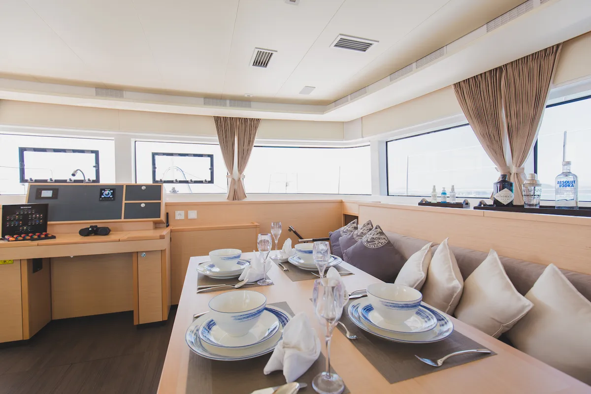 Salon of Blue Moon, a Lagoon 52F catamaran at Pa Khlok, Thailand
