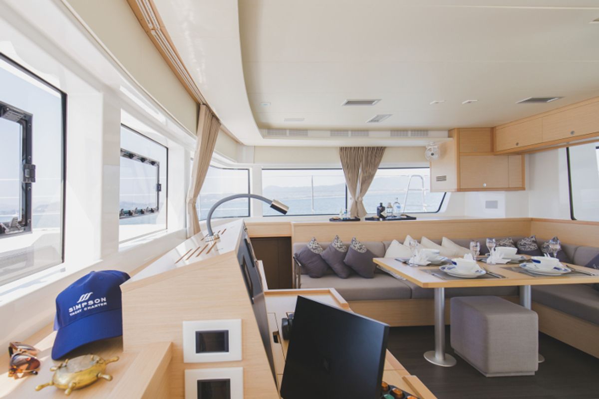 Salon of Blue Moon, a Lagoon 52F catamaran at Pa Khlok, Thailand