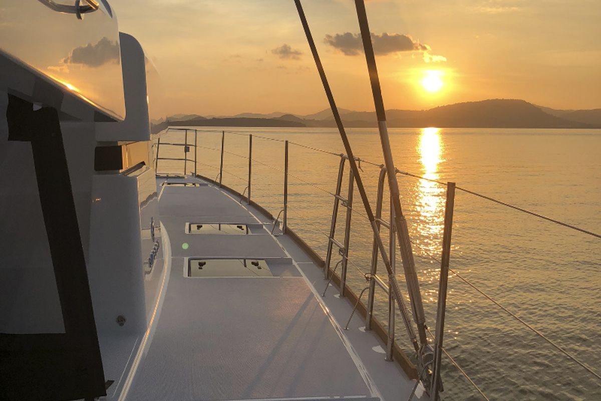 Deck of Blue Moon, a Lagoon 52F catamaran at Pa Khlok, Thailand