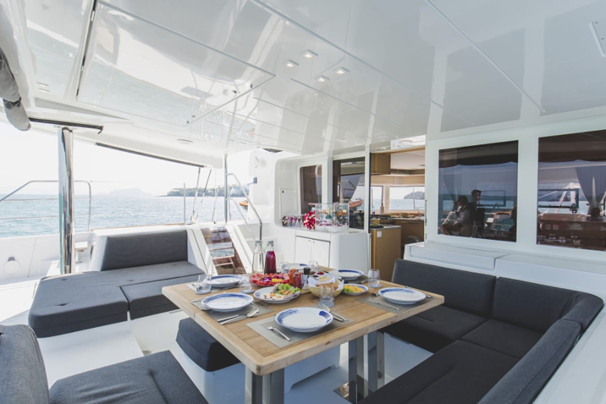 Deck of Blue Moon, a Lagoon 52F catamaran at Pa Khlok, Thailand