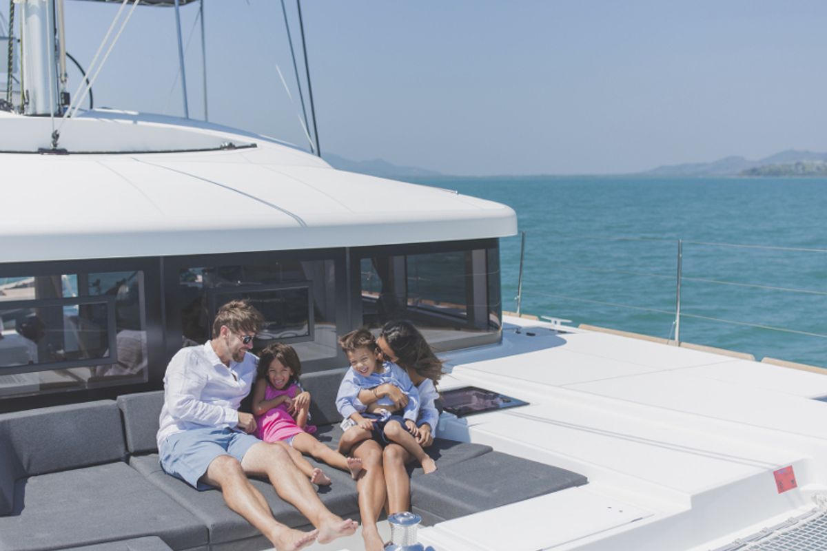 Deck of Blue Moon, a Lagoon 52F catamaran at Pa Khlok, Thailand