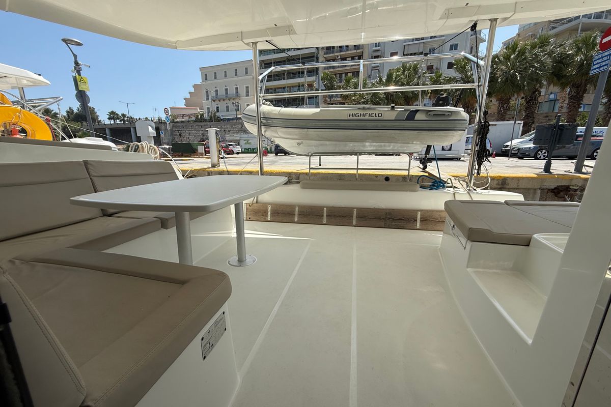 Deck of Tiamo IV, a Lagoon 42 catamaran at Municipal Unit of Lefkada, Greece