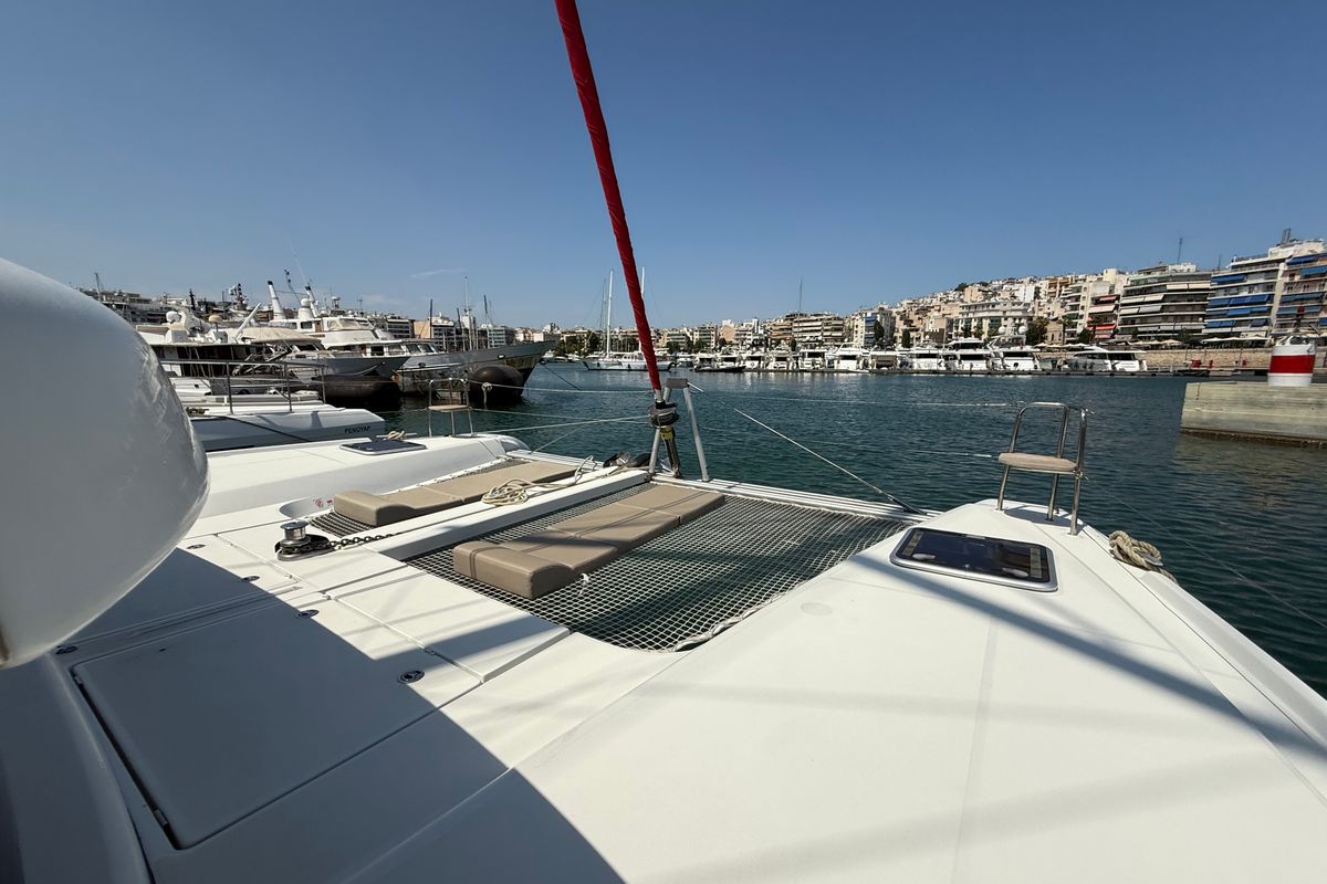 Deck of Tiamo IV, a Lagoon 42 catamaran at Municipal Unit of Lefkada, Greece