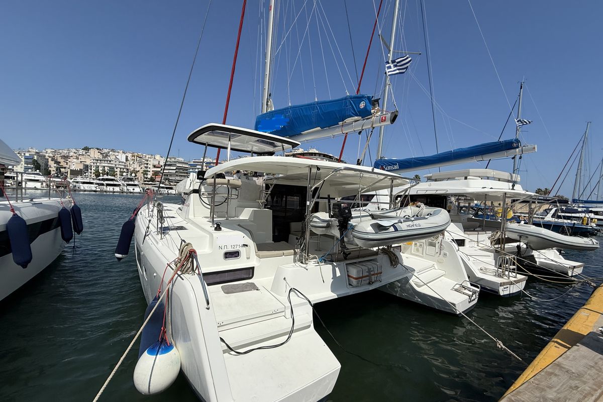 Exterior view of Tiamo IV, a Lagoon 42 catamaran at Municipal Unit of Lefkada, Greece
