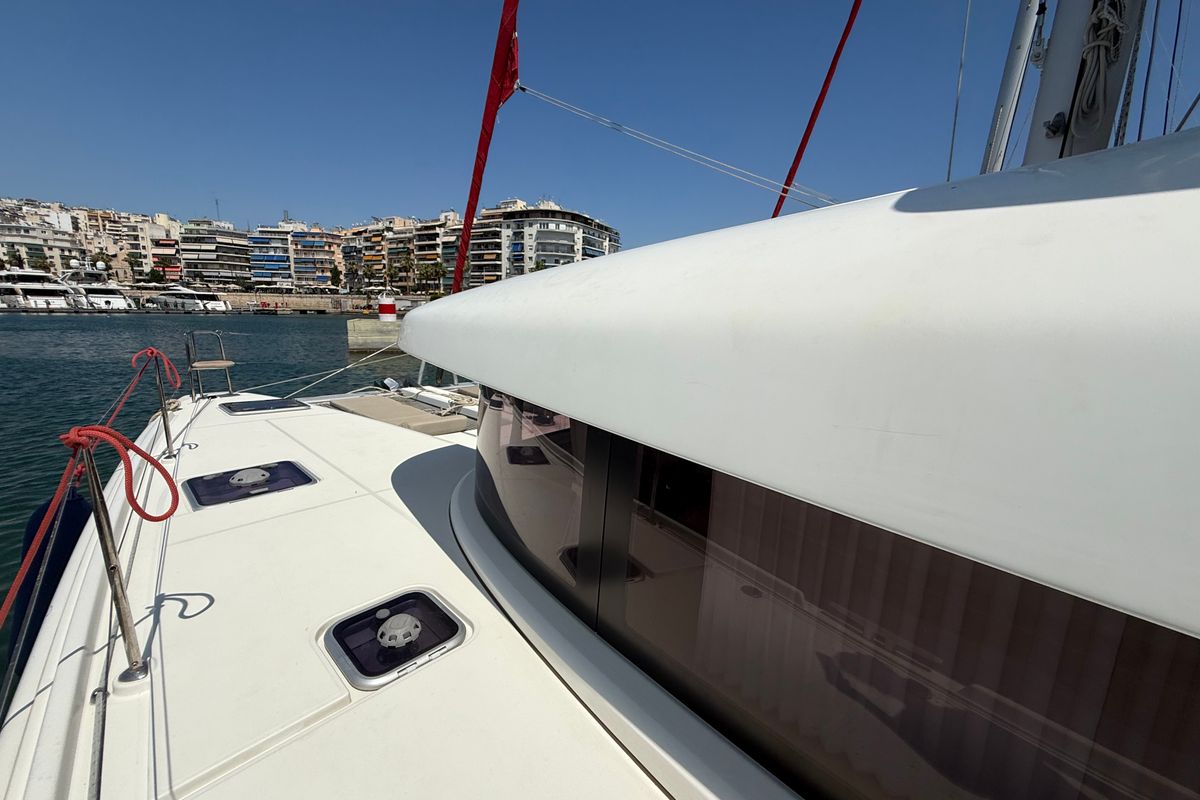 Deck of Tiamo IV, a Lagoon 42 catamaran at Municipal Unit of Lefkada, Greece