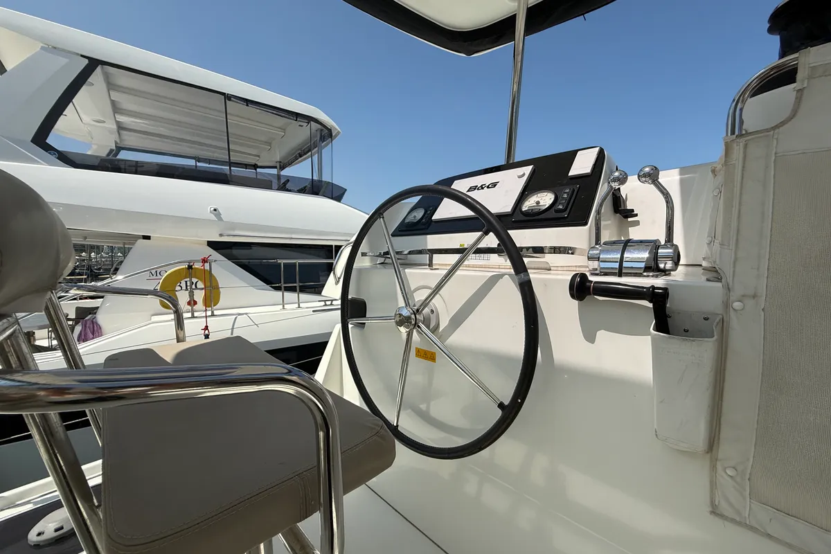 Cockpit of Tiamo IV, a Lagoon 42 catamaran at Municipal Unit of Lefkada, Greece