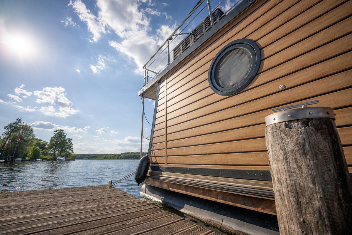 Exterior view of Brino, a Woma D13 motorboat at Fürstenberg/Havel, Germany