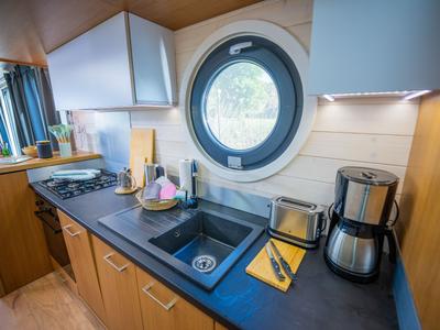 Galley of Brino, a Woma D13 motorboat at Fürstenberg/Havel, Germany