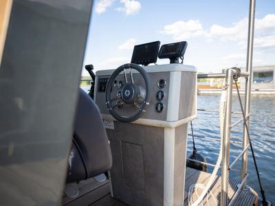 Cockpit of Brino, a Woma D13 motorboat at Fürstenberg/Havel, Germany