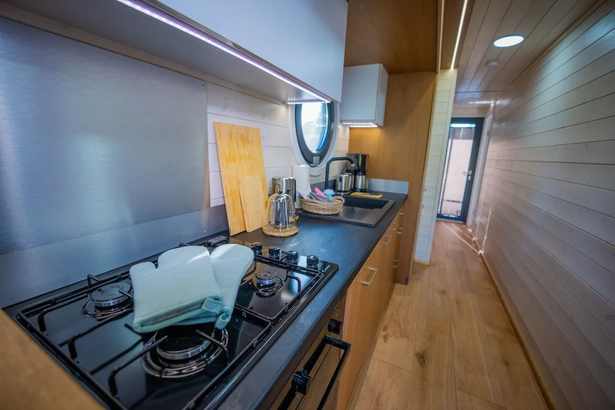 Galley of Brino, a Woma D13 motorboat at Fürstenberg/Havel, Germany