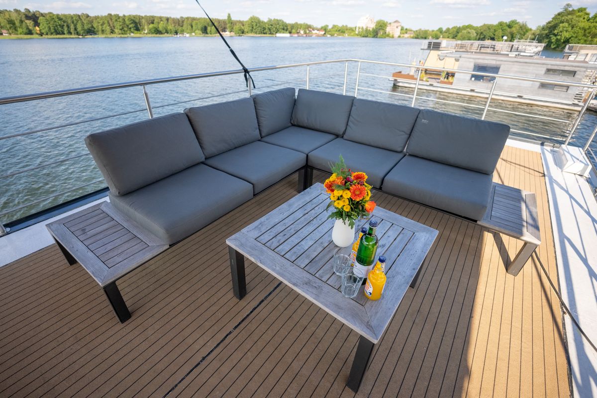 Deck of Brino, a Woma D13 motorboat at Fürstenberg/Havel, Germany