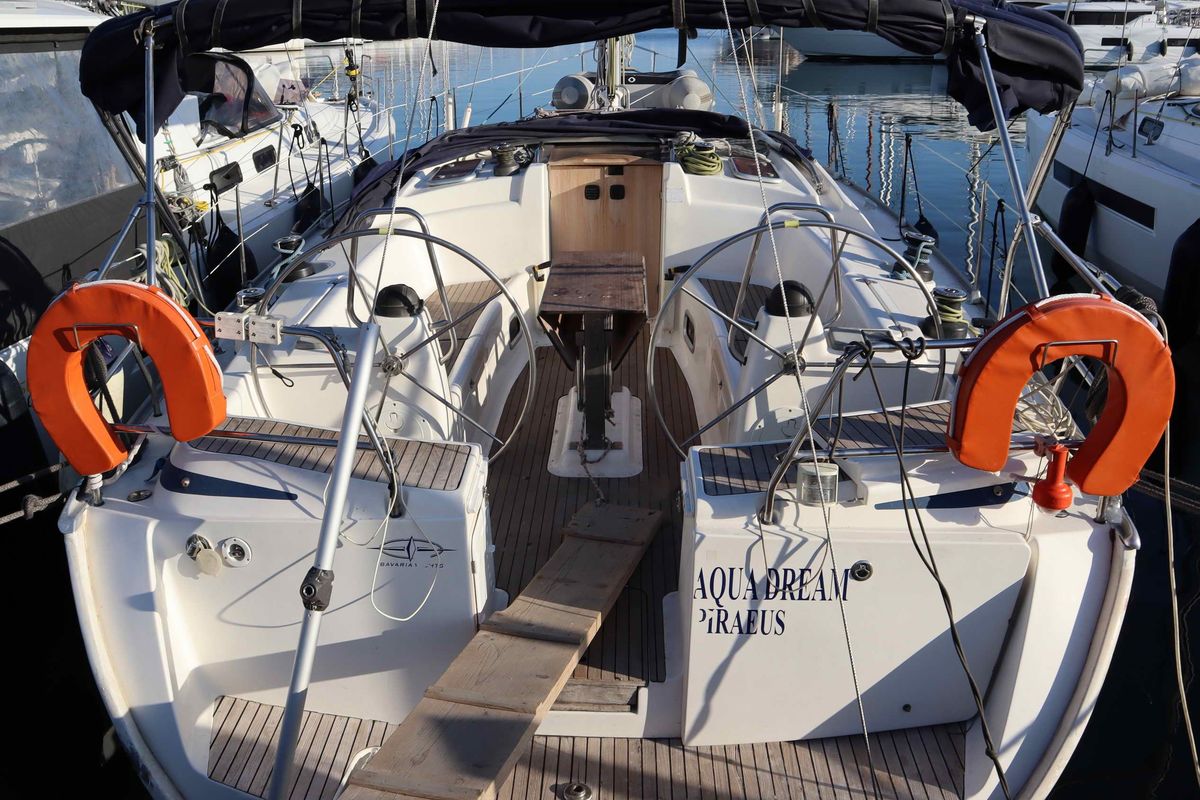 Exterior view of Aqua Dream, a Bavaria 43 Cruiser sailboat at Athens, Greece