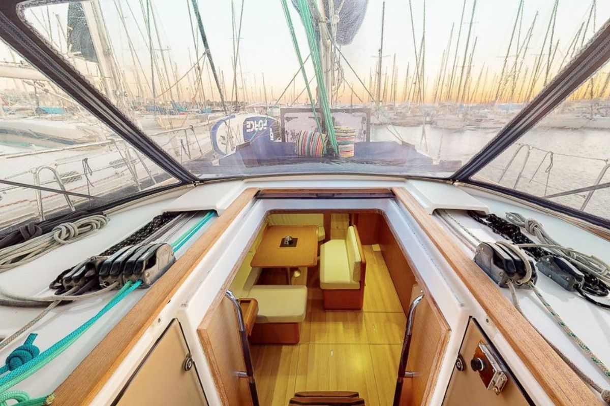 Deck of Haidi, a Jeanneau Sun Odyssey 469 sailboat at Athens, Greece