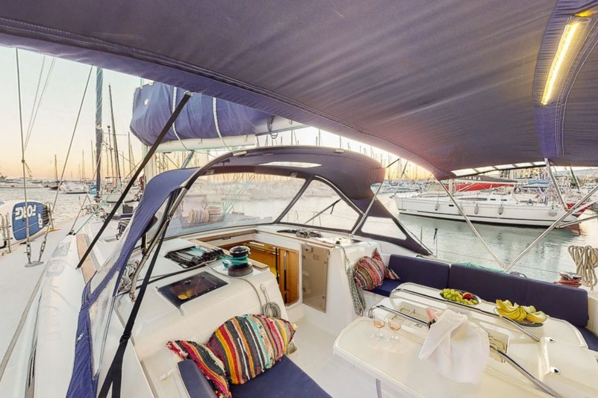 Cockpit of Haidi, a Jeanneau Sun Odyssey 469 sailboat at Athens, Greece