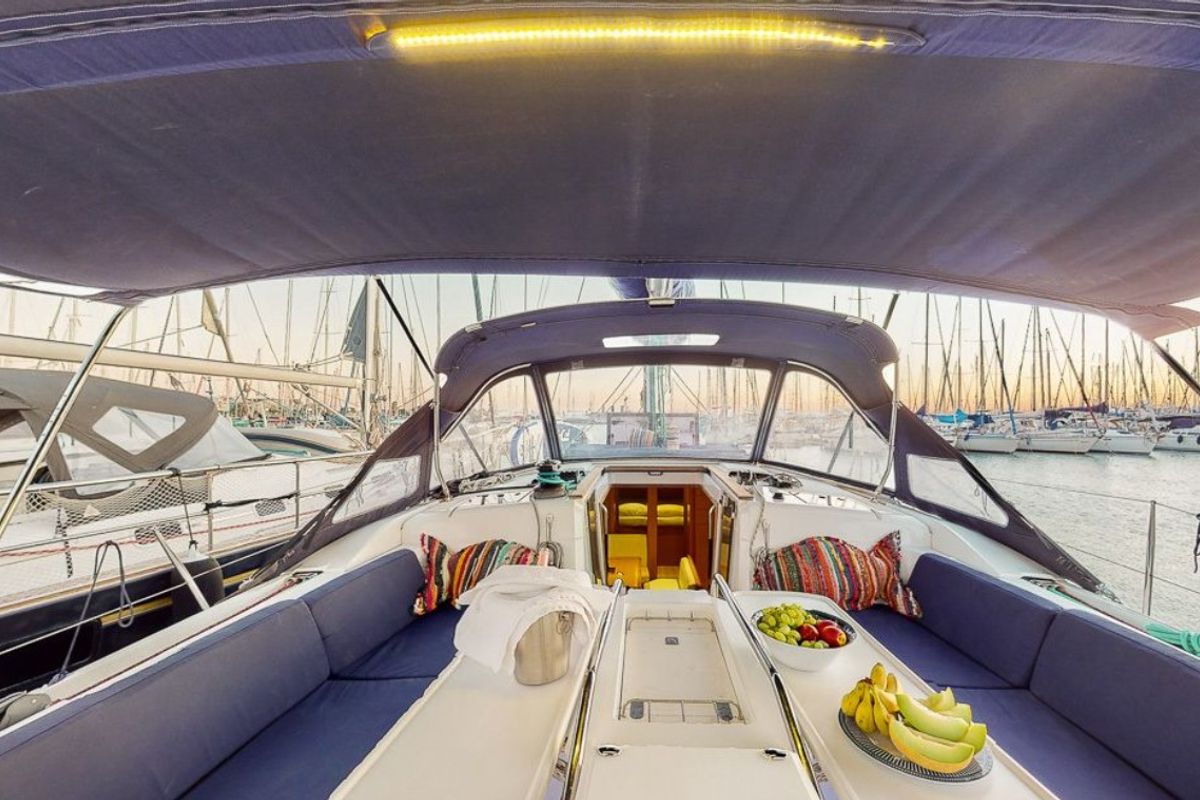 Cockpit of Haidi, a Jeanneau Sun Odyssey 469 sailboat at Athens, Greece