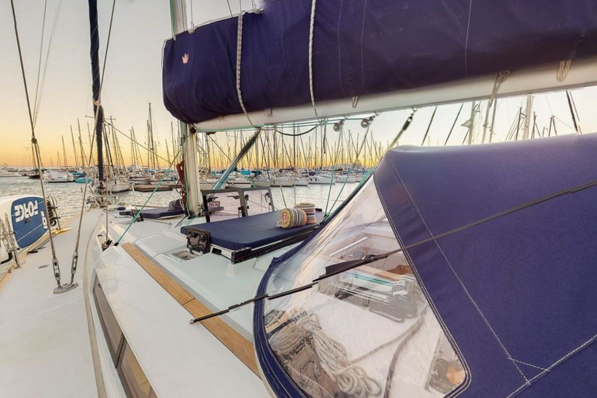 Deck of Haidi, a Jeanneau Sun Odyssey 469 sailboat at Athens, Greece