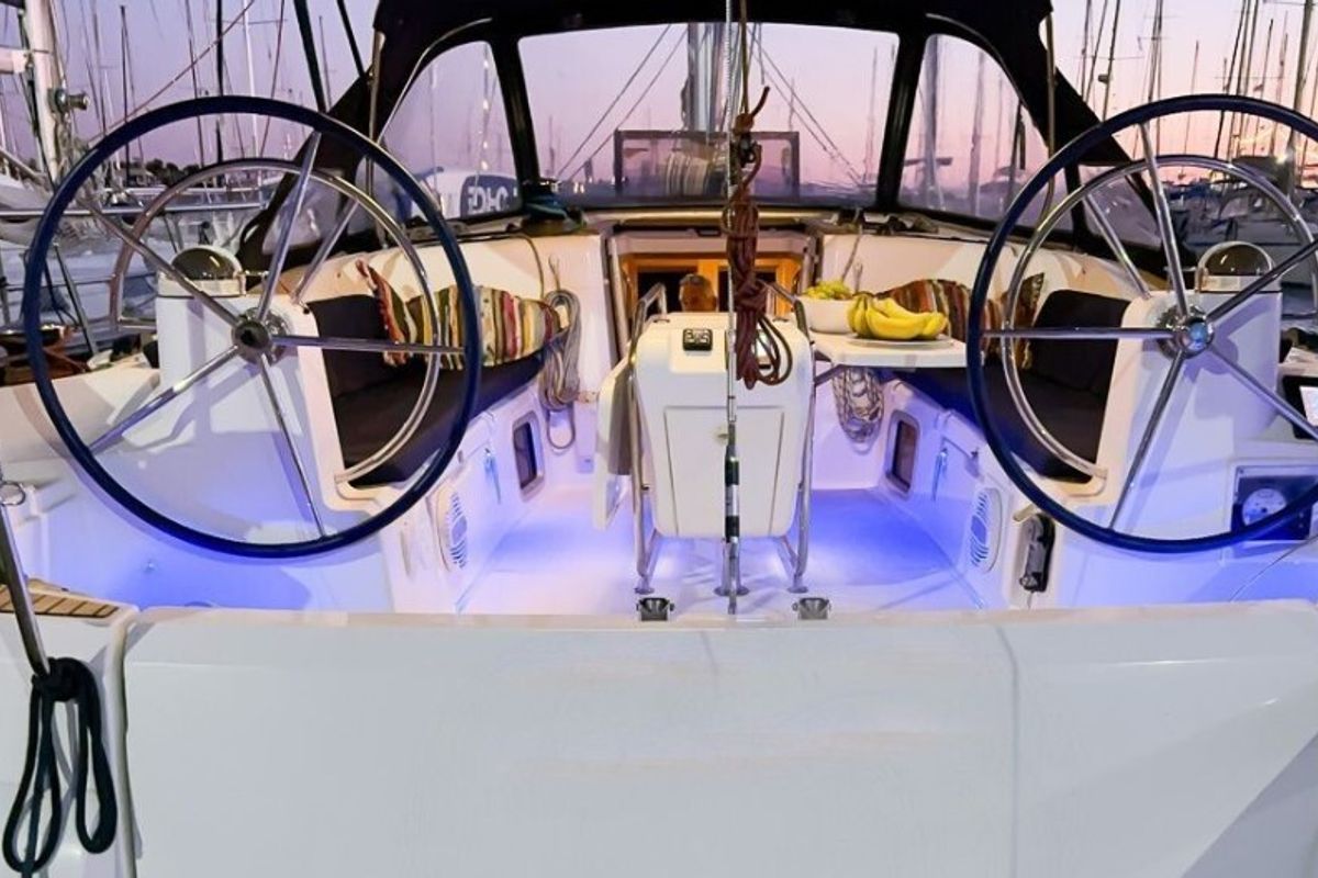 Cockpit of Haidi, a Jeanneau Sun Odyssey 469 sailboat at Athens, Greece