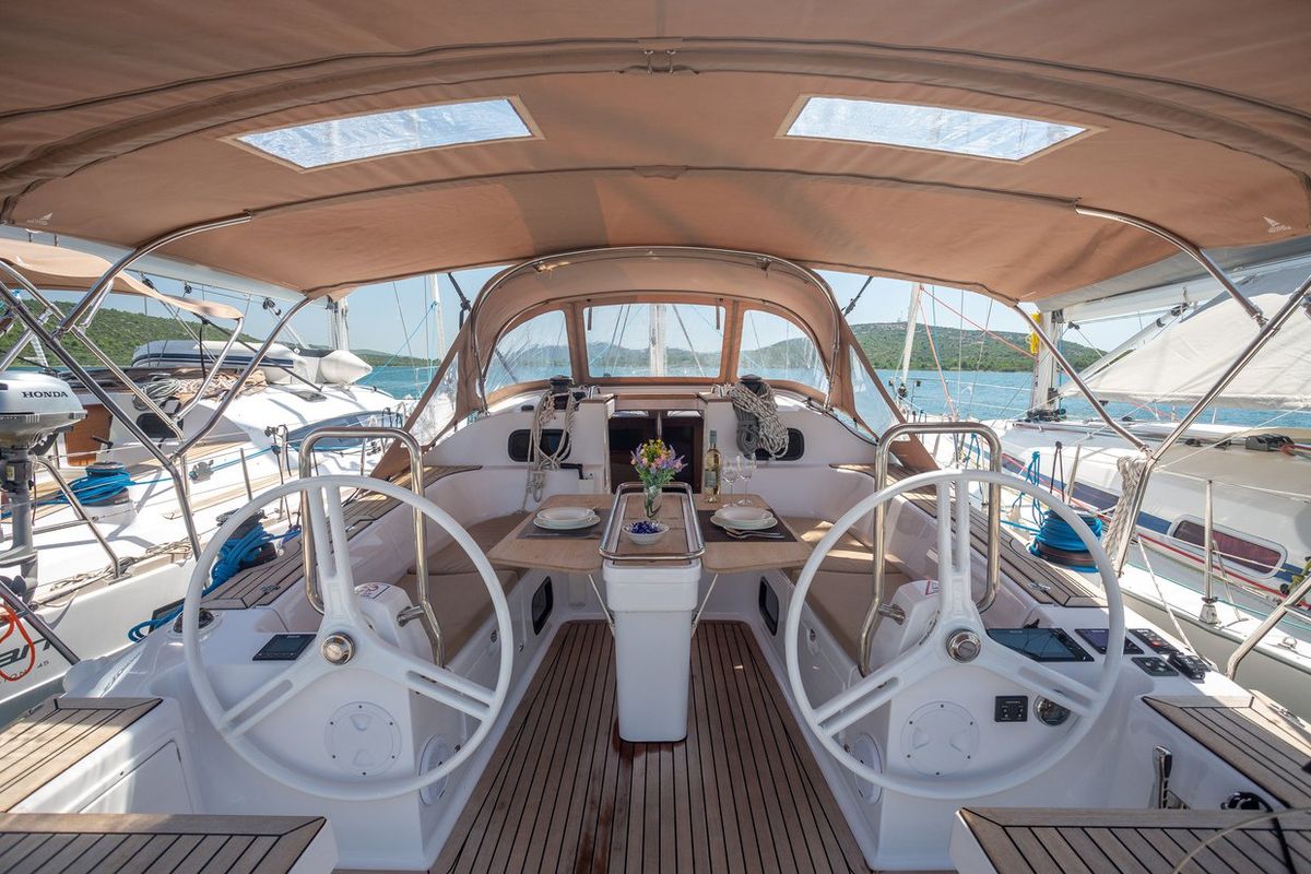 Cockpit of Jasmin, a Elan Impression 45 sailboat at Split, Croatia