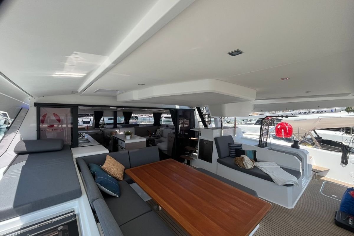 Deck of Cosmos, a Fountaine Pajot Aura 51 catamaran at Seget Donji, Croatia
