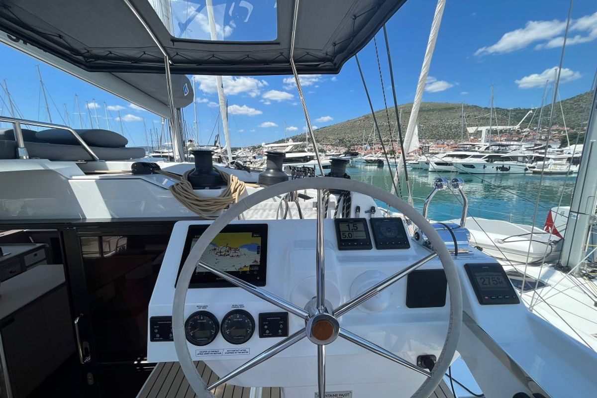 Cockpit of Cosmos, a Fountaine Pajot Aura 51 catamaran at Seget Donji, Croatia