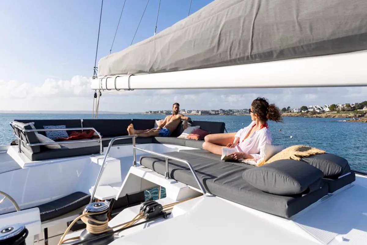 Exterior view of Cosmos, a Fountaine Pajot Aura 51 catamaran at Seget Donji, Croatia