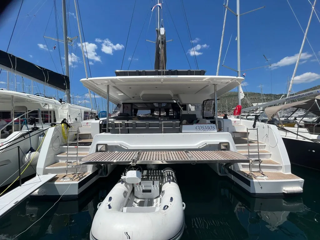 Exterior view of Cosmos, a Fountaine Pajot Aura 51 catamaran at Seget Donji, Croatia
