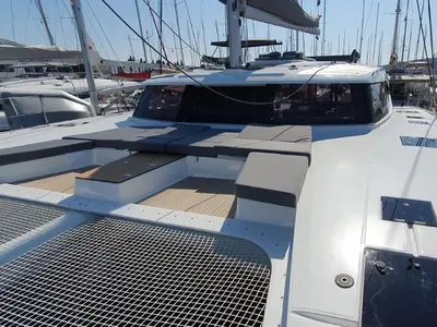 Deck of Cosmos, a Fountaine Pajot Aura 51 catamaran at Seget Donji, Croatia