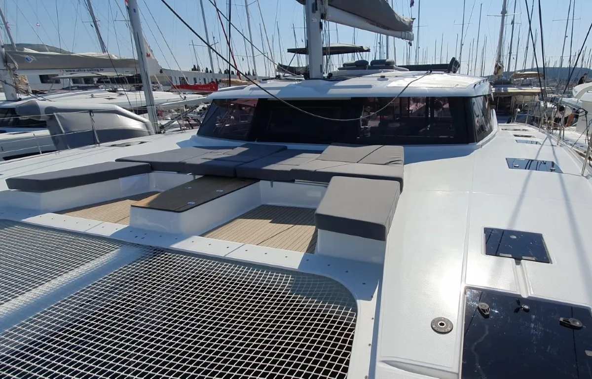 Deck of Cosmos, a Fountaine Pajot Aura 51 catamaran at Seget Donji, Croatia