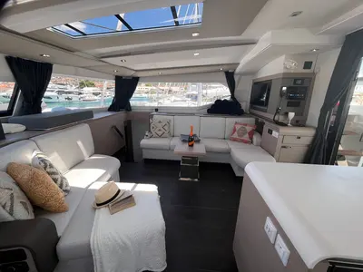 Salon of Cosmos, a Fountaine Pajot Aura 51 catamaran at Seget Donji, Croatia