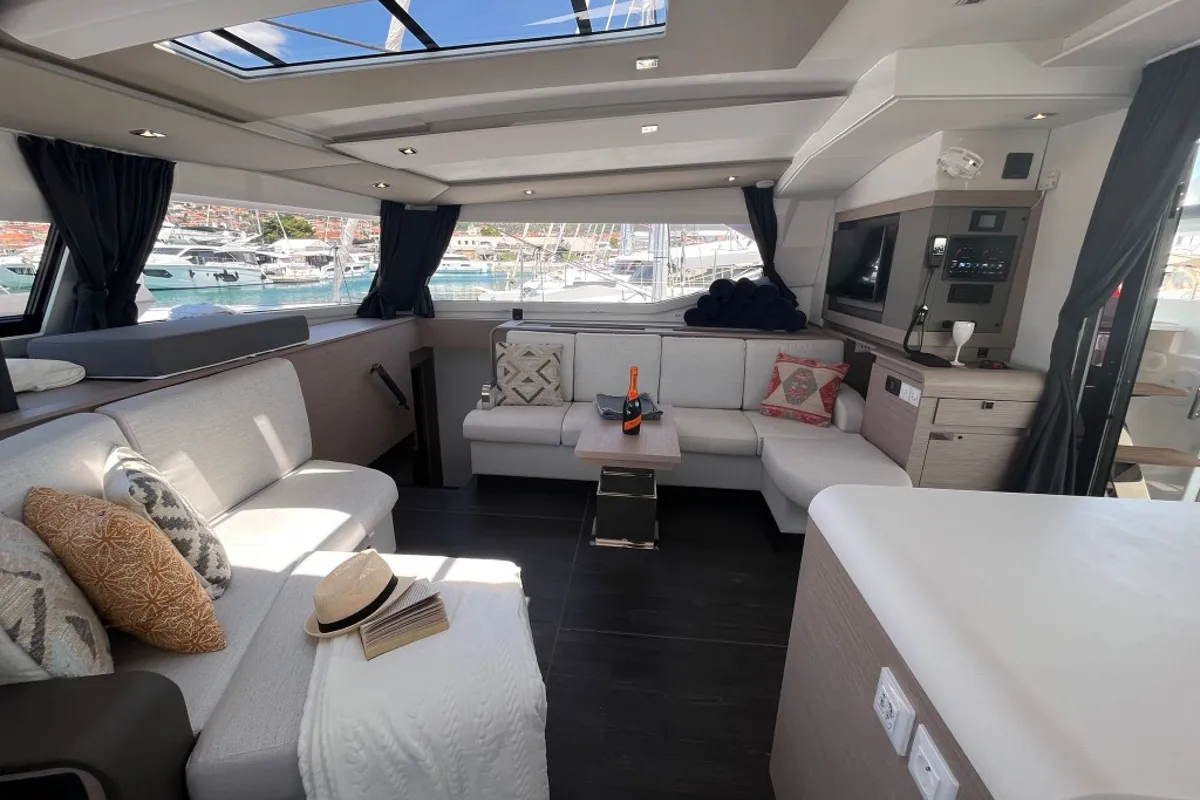 Salon of Cosmos, a Fountaine Pajot Aura 51 catamaran at Seget Donji, Croatia