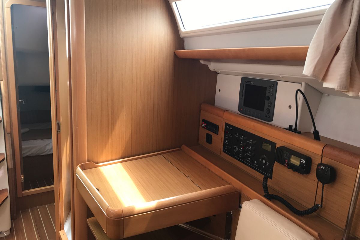 Salon of Lyra, a Jeanneau Sun Odyssey 36i sailboat at Olbia, Italy