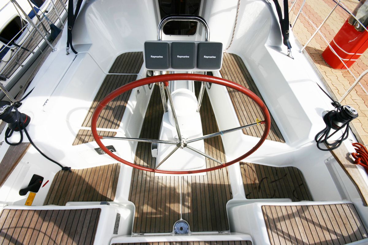 Cockpit of Lyra, a Jeanneau Sun Odyssey 36i sailboat at Olbia, Italy